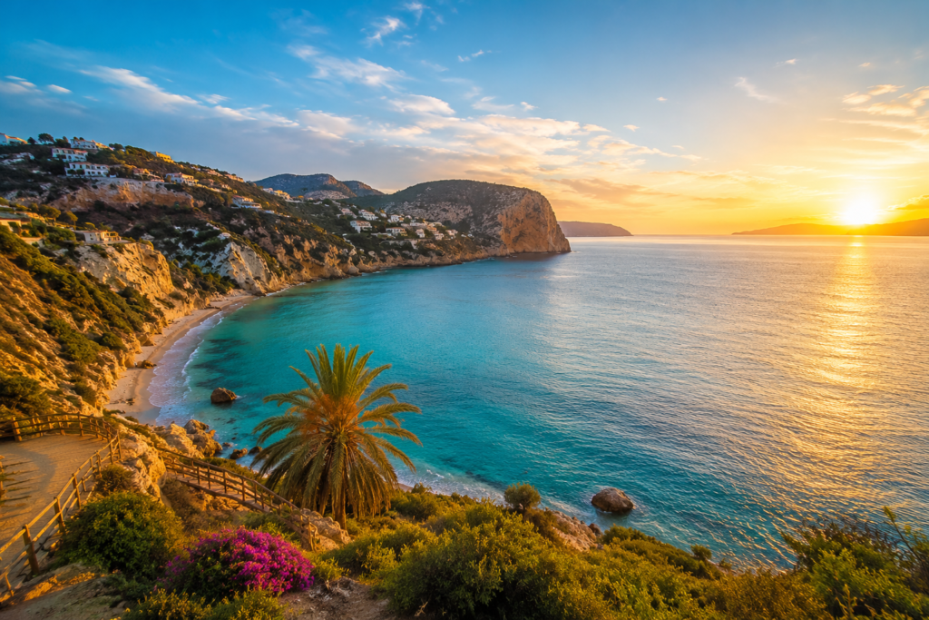 Paisaje panorámico de la Costa Blanca con playas mediterráneas y aguas cristalinas al atardecer