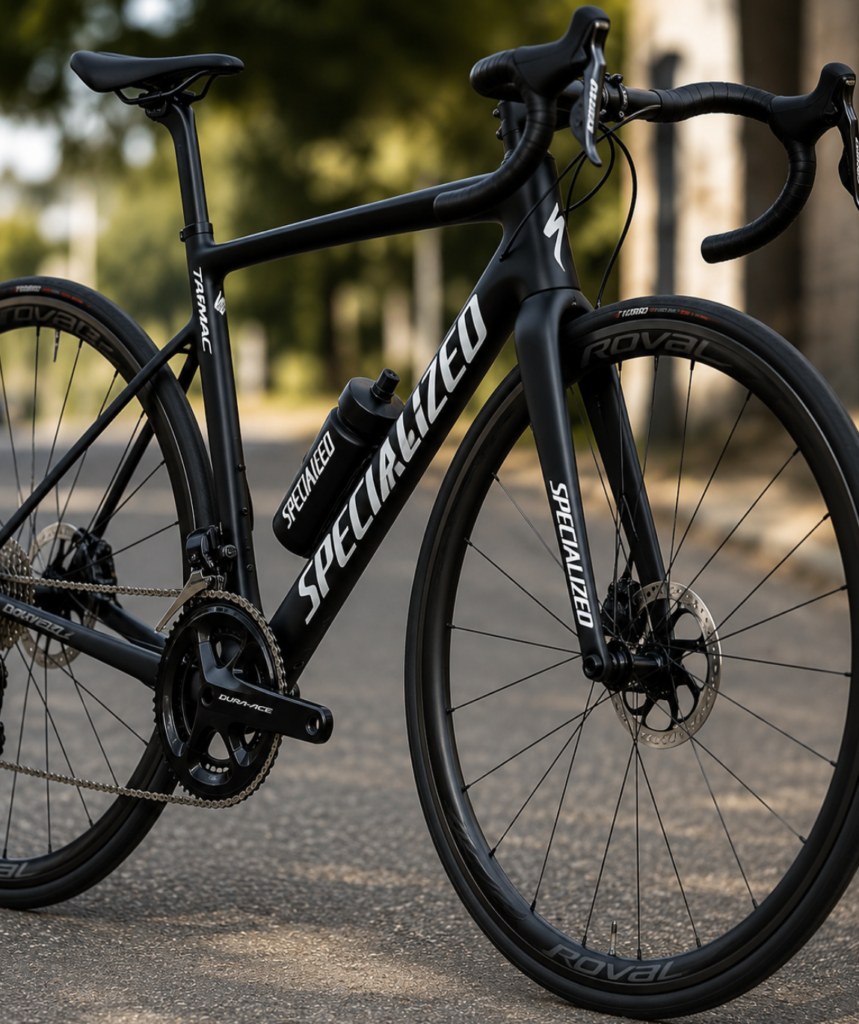 Bicicleta de carretera negra de alto rendimiento apoyada en un entorno urbano con fondo desenfocado.
