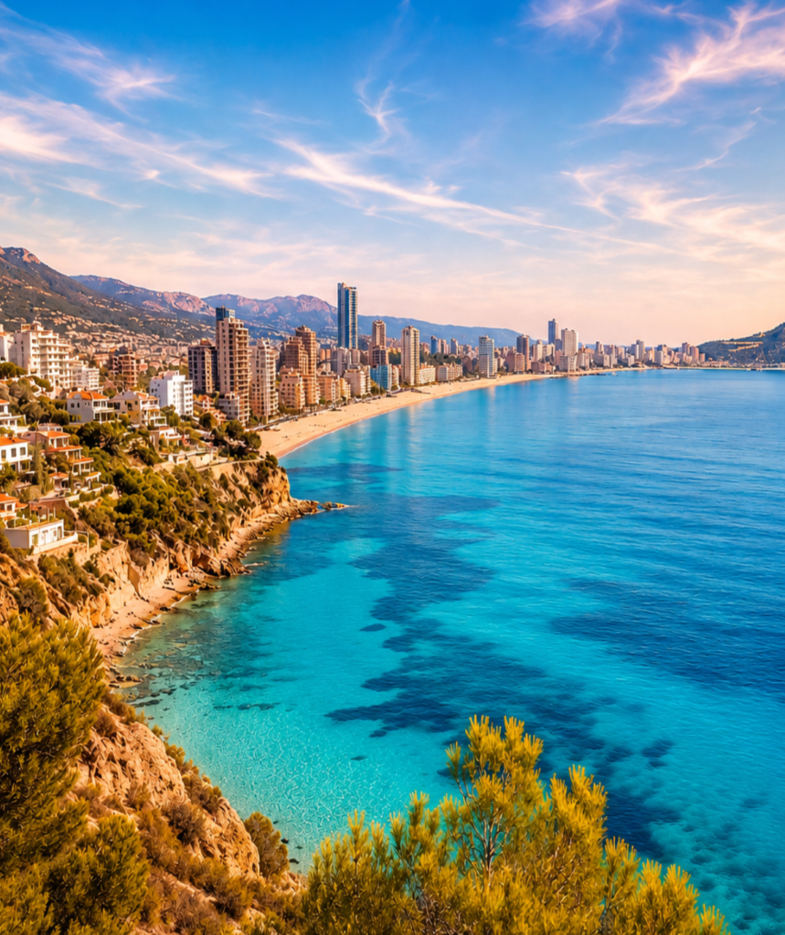Vista panorámica de una costa mediterránea con edificios junto al mar y montañas al fondo durante el atardecer.